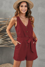 Load image into Gallery viewer, Tie-Waist Buttoned Plunge Sleeveless Romper
