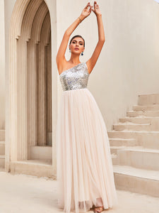 Two-Tone Sequin One-Shoulder Sleeveless Dress