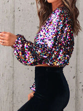 Load image into Gallery viewer, Glow Sequin Round Neck Balloon Sleeve T-Shirt