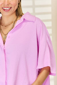 Texture Button Up Short Sleeve High-Low Shirt