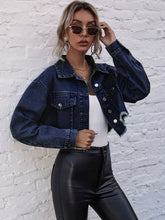 Load image into Gallery viewer, Cropped Collared Neck Raw Hem Denim Jacket