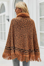 Load image into Gallery viewer, Leopard Faux Fur Trim Fringe Hem Poncho