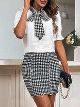 Load image into Gallery viewer, Houndstooth Tie Neck Flounce Sleeve Top and Skirt Set