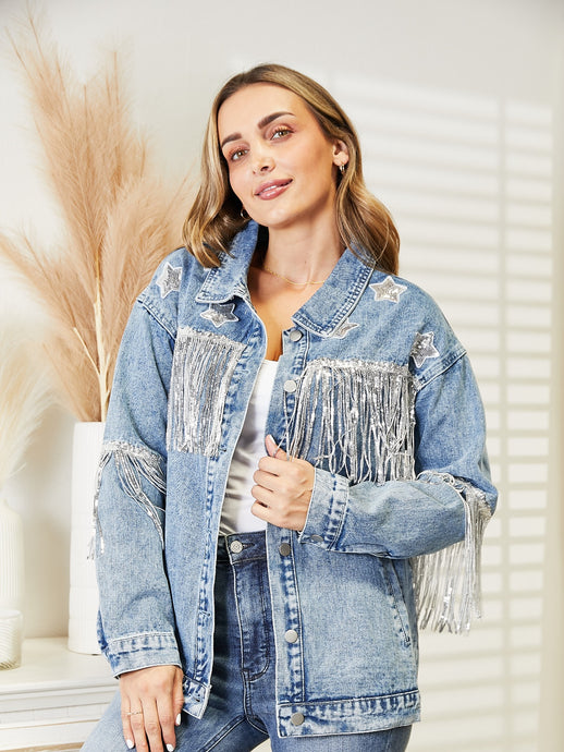 Star Fringe Detail Long Sleeve Denim Jacket