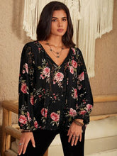 Load image into Gallery viewer, Flower Printed Tie Neck Long Sleeve Blouse