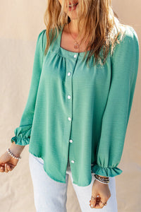Girly Square Neck Flounce Sleeve Buttoned Shirt