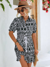 Load image into Gallery viewer, Printed Tie Waist Collared Flounce Sleeve Dress