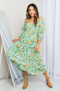 Floral Frill Trim Square Neck Midi Dress