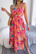 Load image into Gallery viewer, Botanical Print Tied Backless Cutout Slit Dress