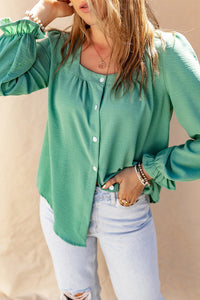 Girly Square Neck Flounce Sleeve Buttoned Shirt