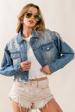 Load image into Gallery viewer, Pearl Detail Distressed Cropped Denim Jacket