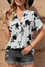 Load image into Gallery viewer, Floral Notched Neck Cuffed Short Sleeve Blouse