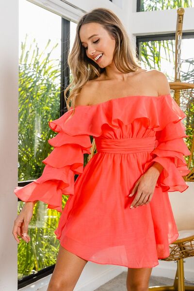 Off Shoulder Layered Long Sleeve Ruched Dress