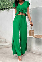Load image into Gallery viewer, V-Neck Ruffle Hem Top and Slit Pants Set