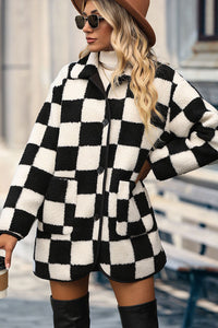 Cozy Plaid Buttoned Collared Neck Faux Fur Outwear