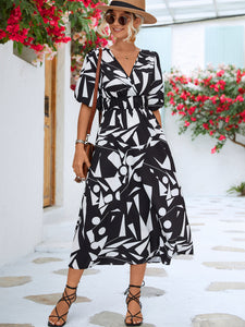 Olivia Printed Surplice Balloon Sleeve Dress