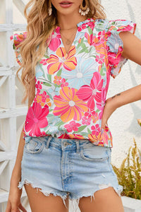 Floral Ruffled Notched Cap Sleeve Blouse