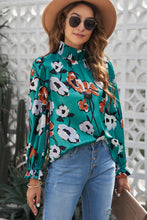 Load image into Gallery viewer, Floral Smocked Mock Neck Flounce Sleeve Blouse
