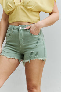 Katie High Waisted Distressed Shorts in Gum Leaf