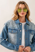 Load image into Gallery viewer, Pearl Detail Distressed Cropped Denim Jacket