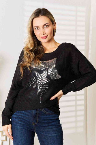 Star Sequin Graphic Dolman Sleeve Knit Top