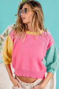 Color Block Pearl Decor Cropped Sweater