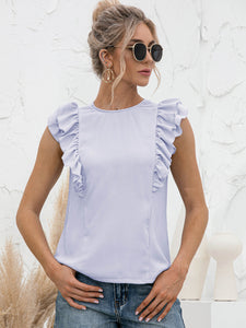 Round Neck Tied Open Back Flutter Sleeve Top