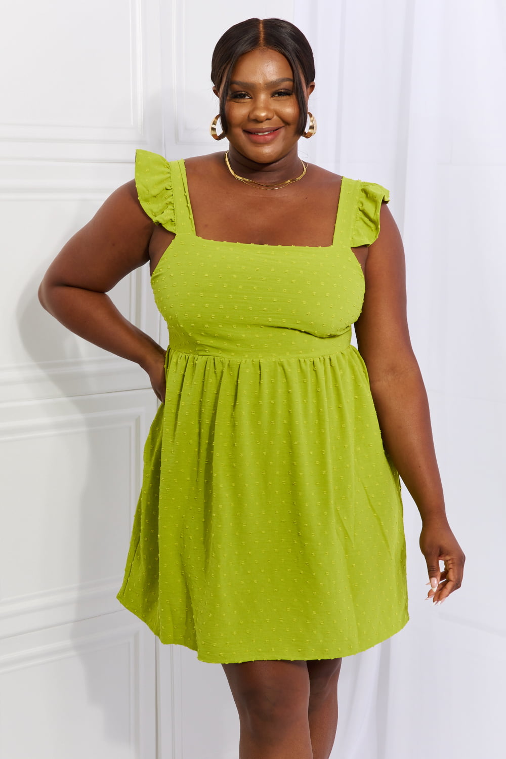 Empire Line Ruffle Sleeve Dress in Lime