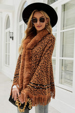 Load image into Gallery viewer, Leopard Faux Fur Trim Fringe Hem Poncho