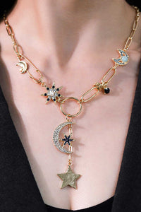 Rhinestone Star and Moon Paperclip Chain Necklace