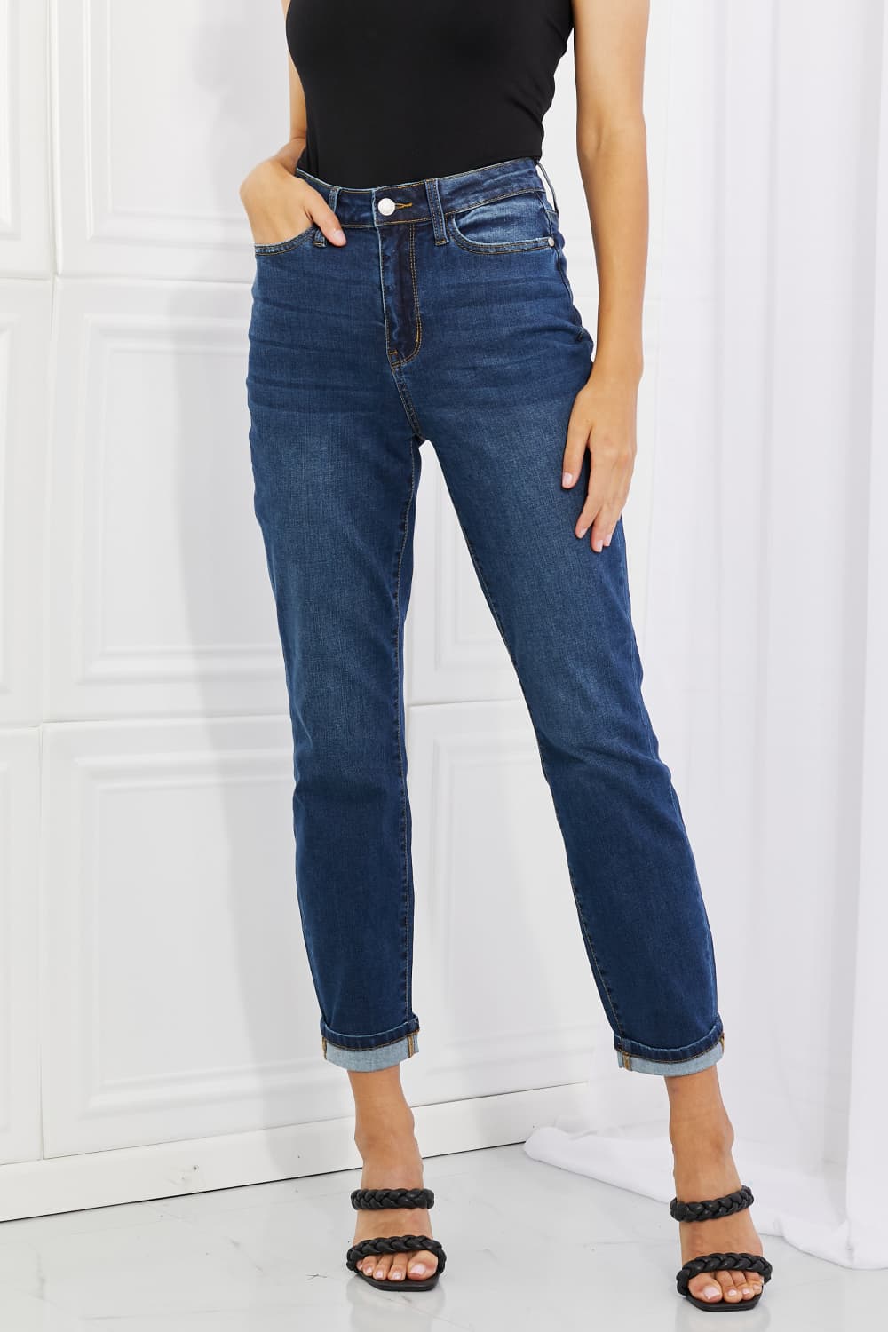 Crystal  High Waisted Cuffed Boyfriend Jeans