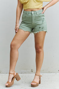 Katie High Waisted Distressed Shorts in Gum Leaf