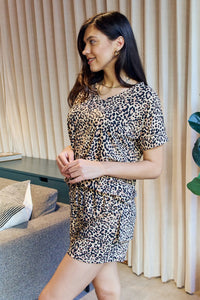 Leopard V-Neck Top and Drawstring Shorts Lounge Set