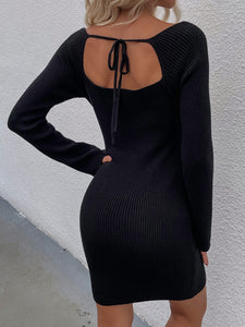 Tie Back Square Neck Long Sleeve Sweater Dress