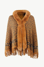 Load image into Gallery viewer, Leopard Faux Fur Trim Fringe Hem Poncho