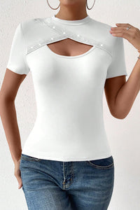 Diamond Sparkle Cutout Short Sleeve Round Neck T-Shirt