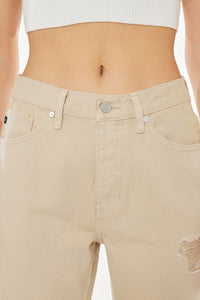 Kancan High-Rise Distressed Flare Jeans in Taupe